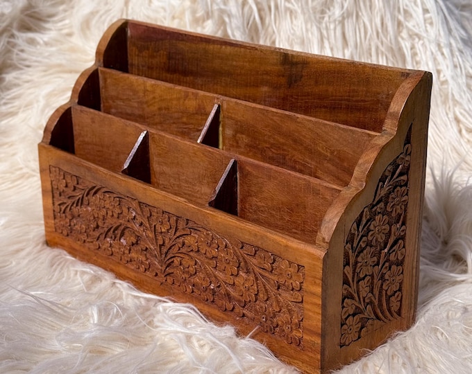 Vintage Handcarved Wood Organizer, Made in Kashmir, found by Willabird Designs Vintage Finds