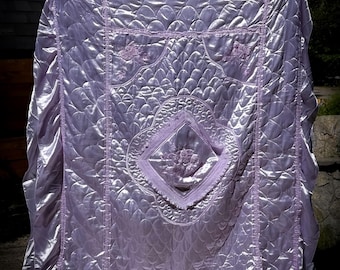 Vintage Satin Bedspread found by Willabird Designs Vintage Finds. Pastel purple, Golden Girls, Trixie Motel