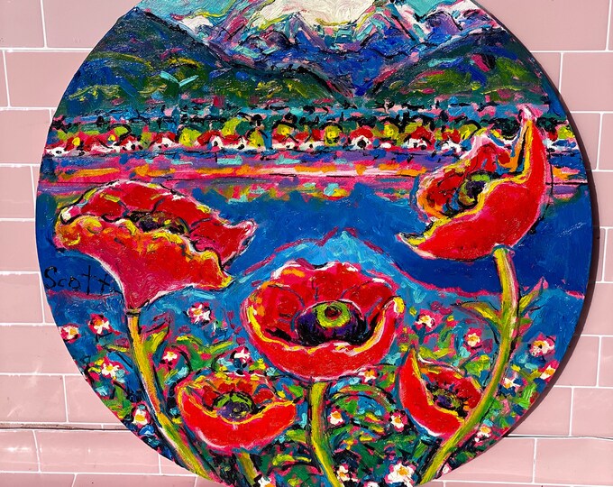 Large Round Poppy Original Painting found by Willabird Designs Vintage Finds