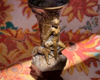 Vintage bronzed vase featuring a relief of female archer & Greek goddess Artemis, found by Willabird Designs Vintage Finds