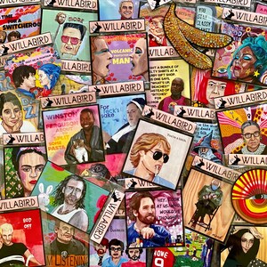 May include: A collection of colourful, hand-painted enamel pins featuring various pop culture figures and quotes. The pins are displayed on a white background and feature a variety of designs, including a banana, a woman with a crown, a man with a moustache, and a woman with a cat. The pins are all square-shaped and have a glossy finish.