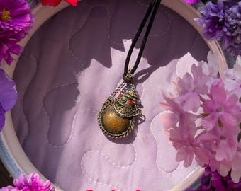 Antique Tibetan snuff bottle necklace. Copper & silver, with turquoise and coral cabochons, found by Willabird Designs Vintage Finds
