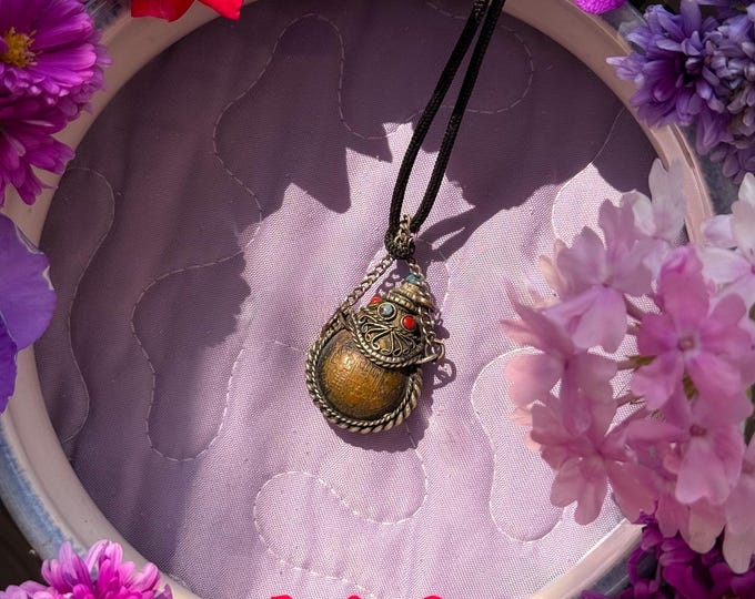 Antique Tibetan snuff bottle necklace. Copper & silver, with turquoise and coral cabochons, found by Willabird Designs Vintage Finds