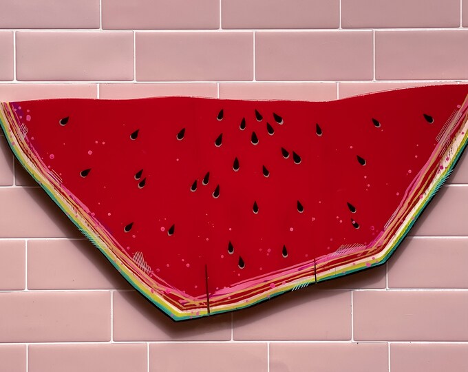 Lucky Watermelon Hand Painted Resin Wood Cutout by Willabird Designs Artist Amber Petersen