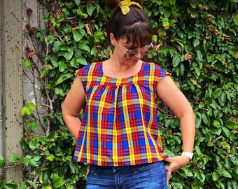 Handmade Wool Blend Sleeveless Top Vibrant Plaid Pattern AU Size 12, tartan top, wool blend summer top for ladies
