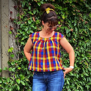 Handgemachte Wolle Mischung Ärmelloses Top Lebendiges Karomuster, AU Größe 42, Tartan Top, Sommer Top für Damen