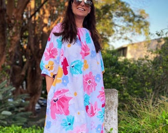 AU Size 14 Upcycled Cotton Floral Dress, Relaxed Fit with Pockets