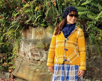 Ladies upcycled bright yellow wool plaid  blanket jacket size AU10/12, US6/8 or EU 38/40, repurposed bright yellow jacket