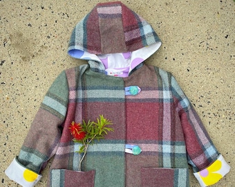 Kids size 4 repurposed wool blanket jacket, upcycled kids hoodie, wine plaid wool blanket coat, woollen hoodie