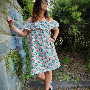 Off the shoulder cockatoo dress, australian flowers dress, ruffle top off the shoulder dress, Australian bird dress image 1