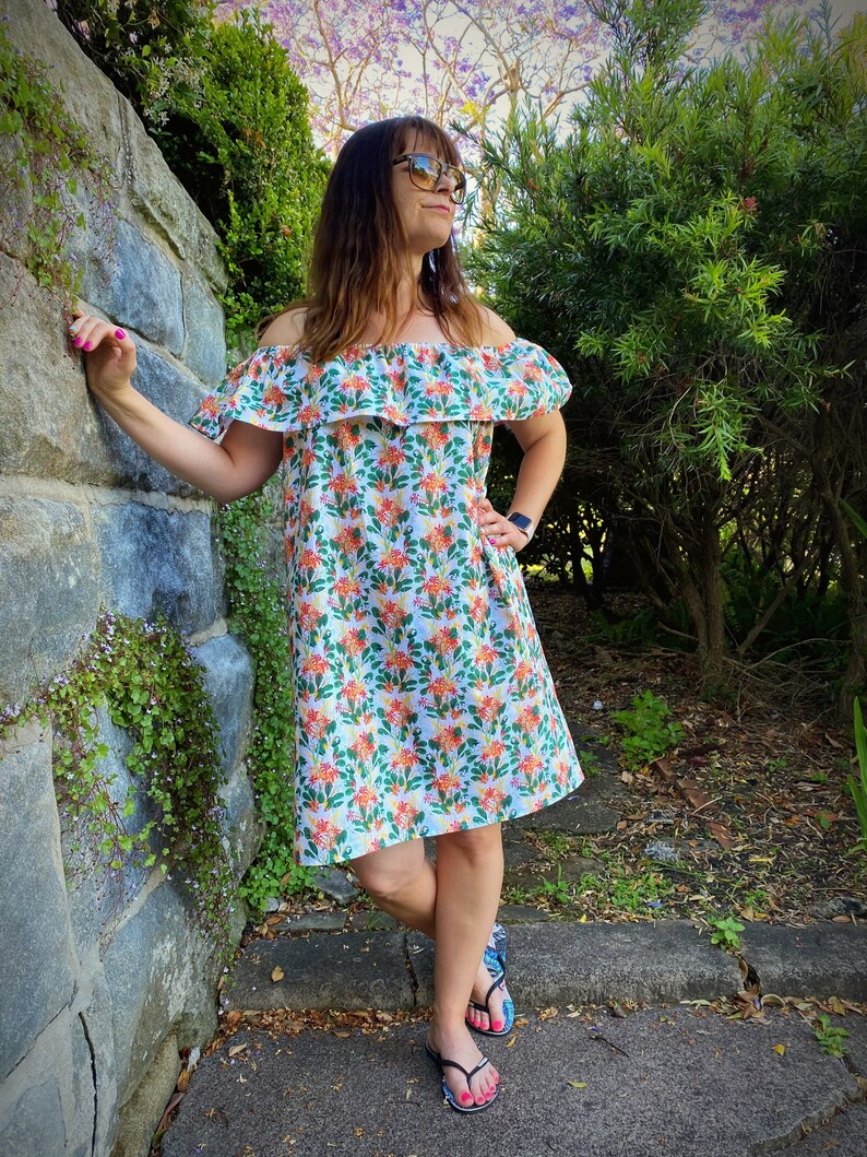 Off the shoulder cockatoo dress, australian flowers dress, ruffle top off the shoulder dress, Australian bird dress image 1