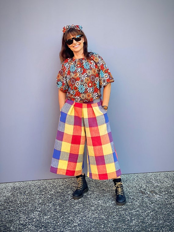 Buy Size AU 10 14 or US6 14 Checkered Culottes 3 4 Length Wide Bold Trousers Bright Coloured Wide Leg Culottes Bold Capris Online in India Etsy