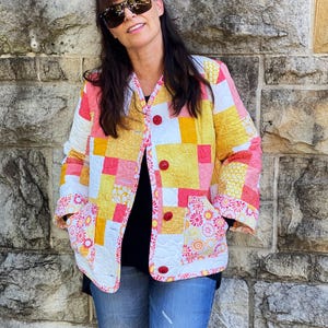 Ladies Bright Patchwork Coat size  AU14 or US10, Cottagecore Patchwork Coat, repurposed patchwork jacket, sustainable dressing, dopamine