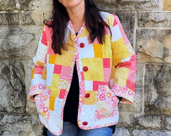 AU14 パッチワークキルティングコート、アップサイクルコテージコアジャケット