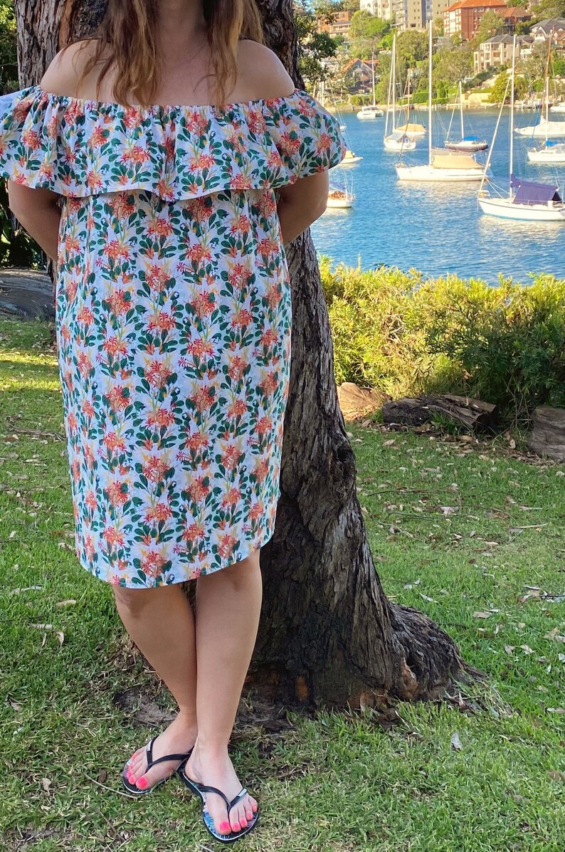 Off the shoulder cockatoo dress, australian flowers dress, ruffle top off the shoulder dress, Australian bird dress image 3