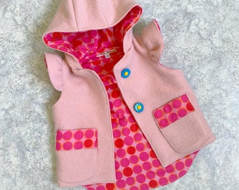 Size one upcycled wool blanket vest pink dream, dusty pink baby, baby girls first birthday, unique baby present. Sustains baby clothing