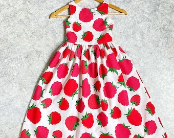 Scandinavian vintage party dress for a girl, upcycled Finnish design dress, repurposed cotton raspberry dress, size 7/8 retro berry dress