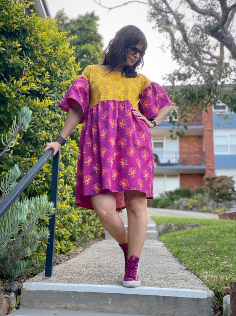 Bold coloured South African dress, dopamine dressing, bright pink ruffle sleeve dress, African print dress, one of a kind dress image 2