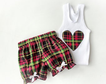 Toddler love heart twin set size 1, baby Tartan outfit,  babys first Tartan outfit, Baby Heart short set, Tartan Short set