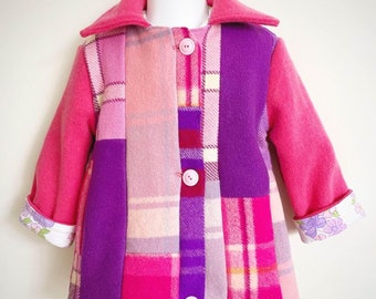 Size 2 toddler upcycled wool patchwork jacket, handmade pink vintage patchwork coat toddler, retro wool blanket coat