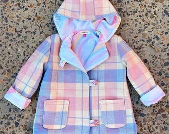 Size 3 upcycled pastel coloured Wool blanket coat , rainbow jacket for three year old, repurposed toddler clothing, pink wool blanket coat