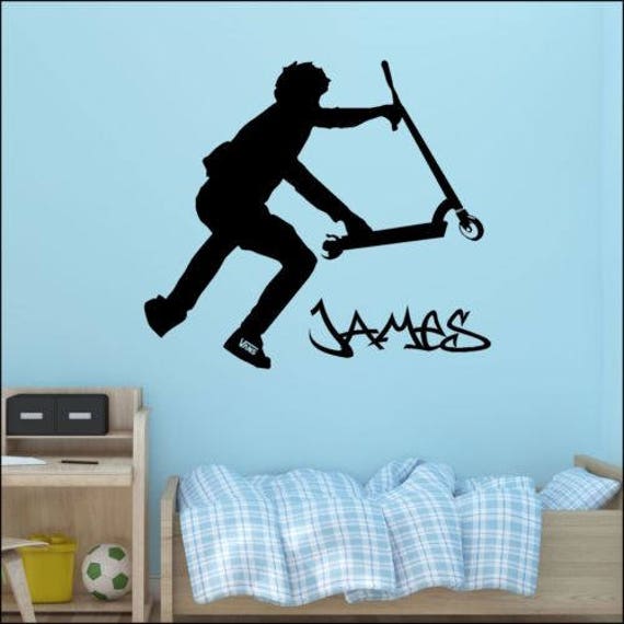STUNT SCOOTER Wall Sticker Personalised With Name Boys Bedroom Boys Room Vinyl Decal Art Mural Xmas Gift