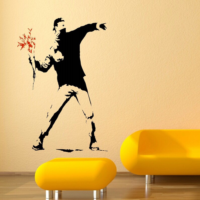 Extra Large Banksy Man Riot Flower Wall Mural Art Sticker Etsy