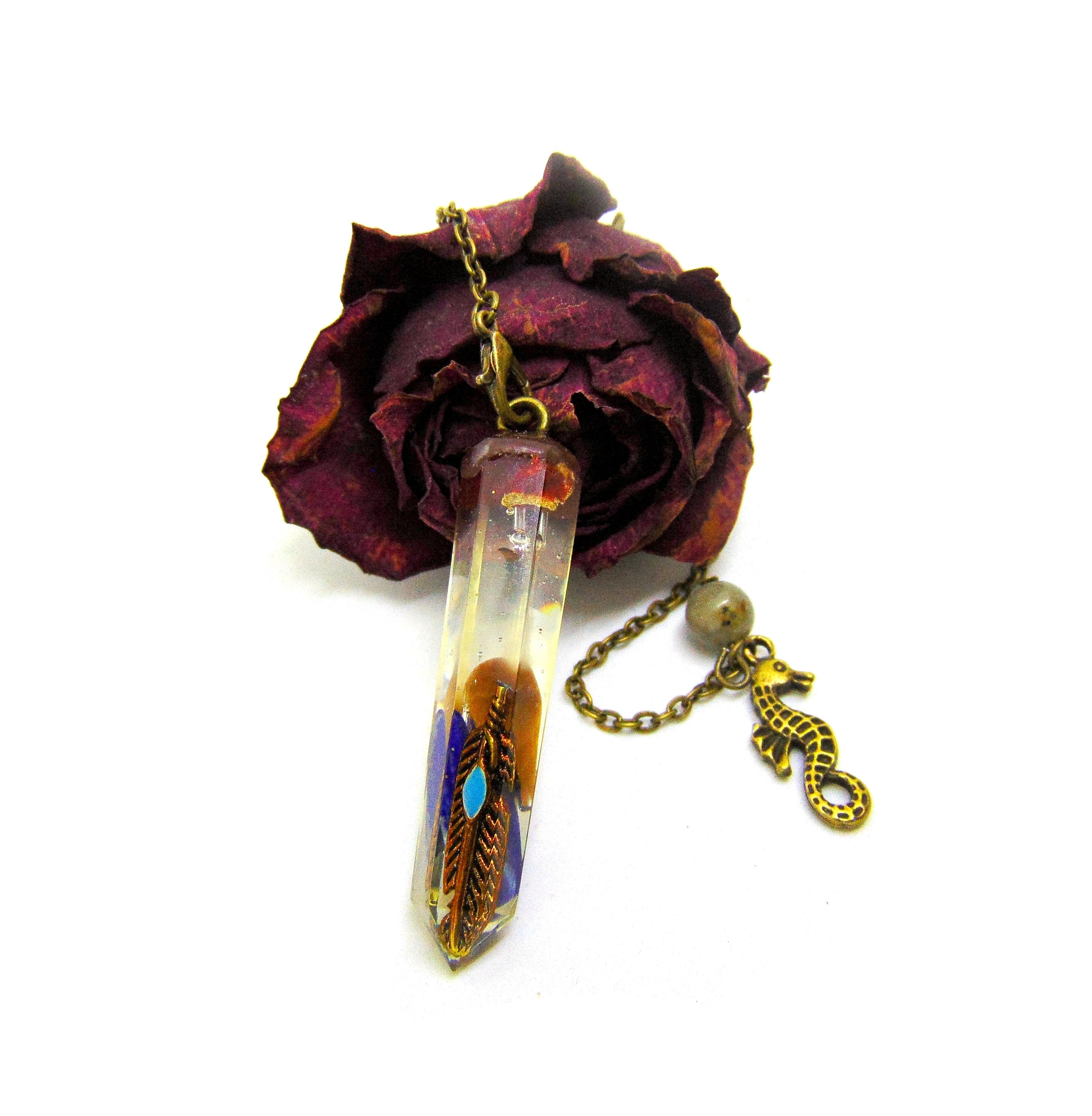 Pendule Radiesthésie Orgone Générateur d'énergie Vitale Hippocampe et Labradorite