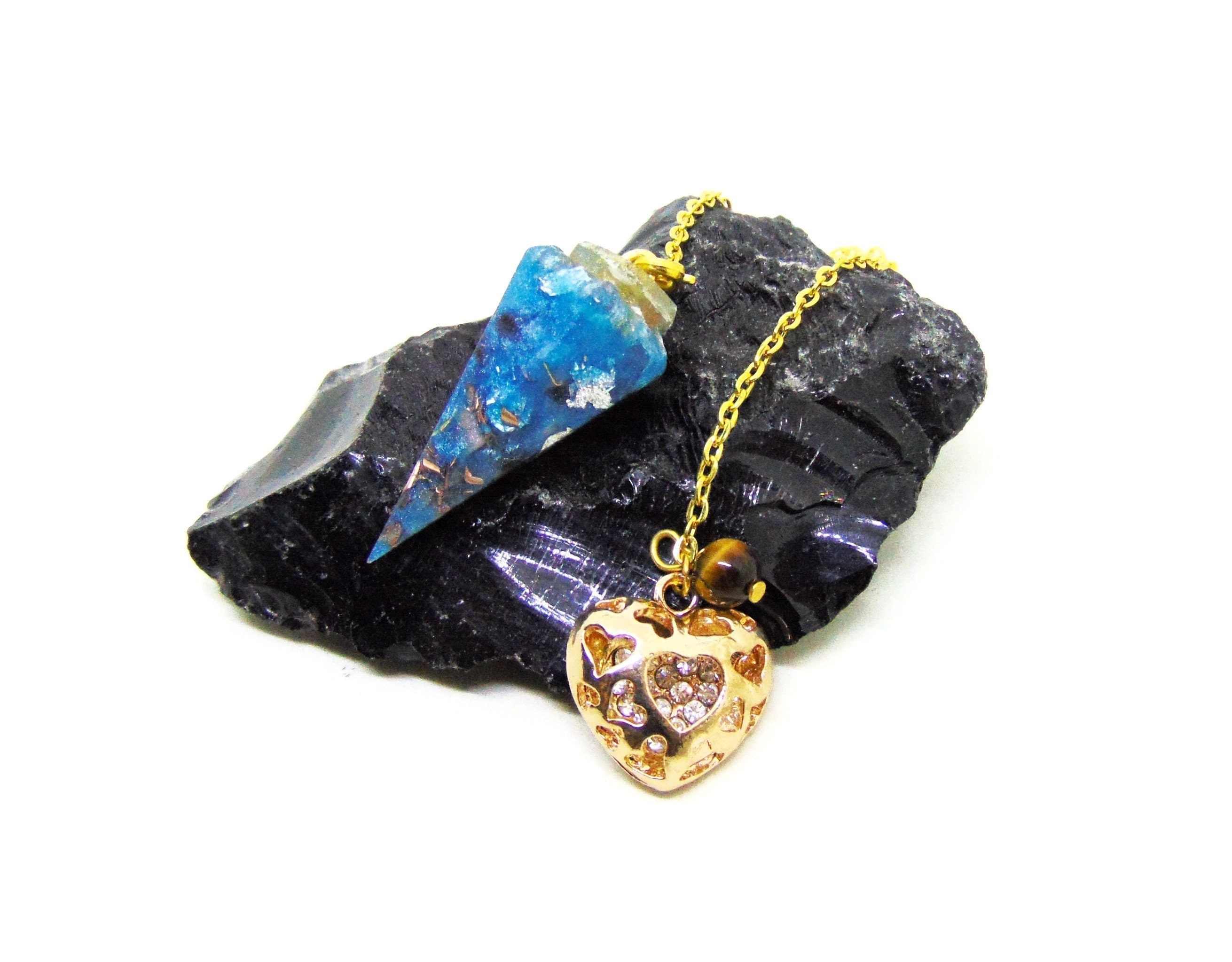 Pendule Coeur Chakra 3Ème Oeil et Oeil de Tigre Orgone Générateur d'énergie Vitale Radiesthésie