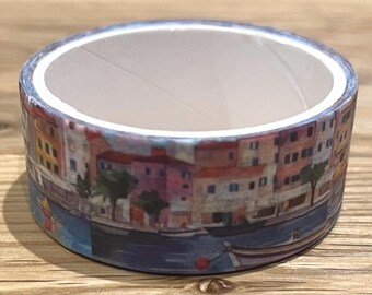 Cinta Washi con diseño de río y muelle en acuarela – Cinta decorativa multicolor de ensueño para agendas, diarios y álbumes de recortes.