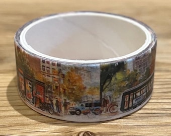 Watercolour Landscape City Trams Washi Tape – Multicoloured Dreamy Planner, Journal, Scrapbook Decorative Tape