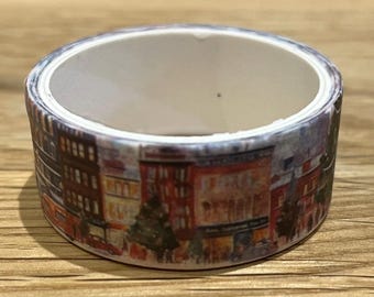 Taśma washi z akwarelową sceną bożonarodzeniową – wielokolorowa, marzycielska taśma dekoracyjna do planera, dziennika i albumu