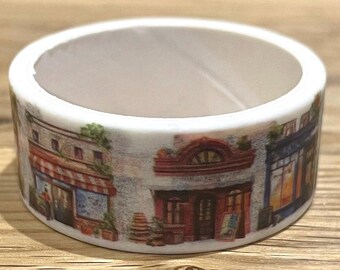 Watercolor Shop Front Washi Tape – 1.5cm x 2m Decorative Craft Tape