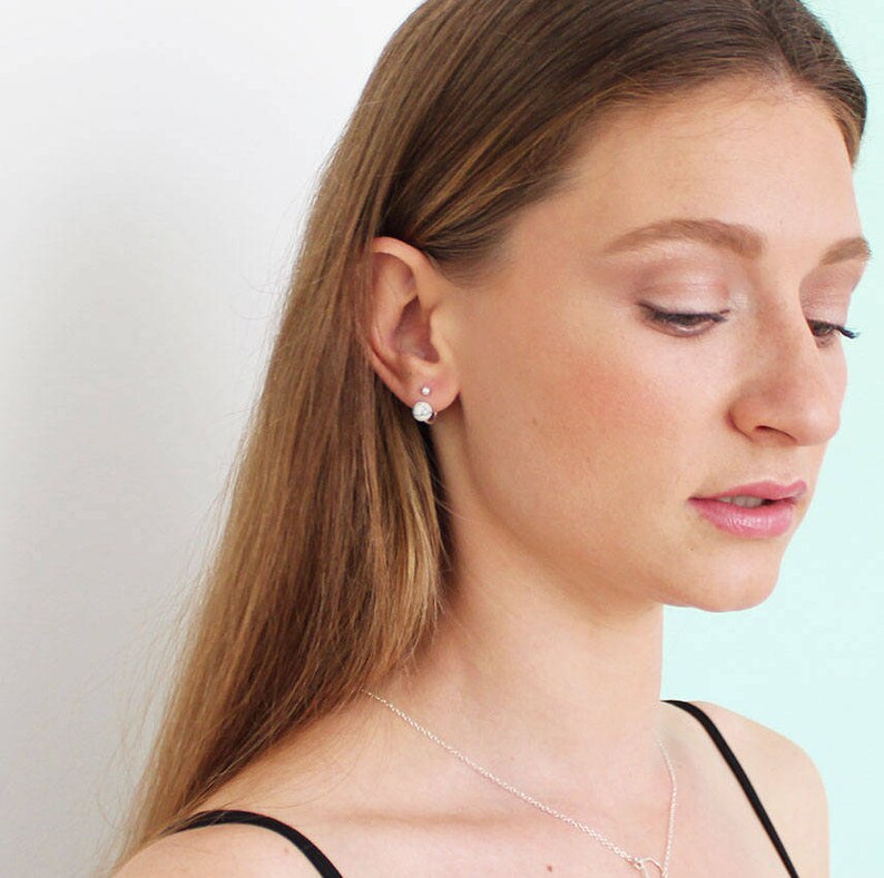 New Mom Jewelry Small Earrings For a Mom White Stone Ear Jacket Gold Plated Silver Studs Baby Shower Gift.