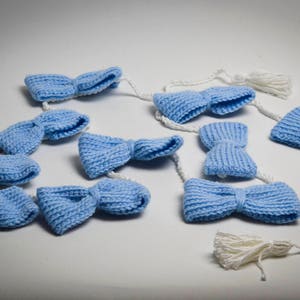 Knitted bow bunting, knitted garland, home decor, love, bow, party garland, blue garland, baby shower bunting, baby blue decor, blue bow.