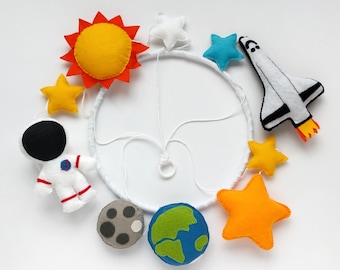 Space explorer baby crib mobile with NASA astronaut and Space Shuttle, handmade from felt