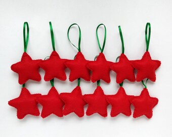 Red felt star ornaments, Christmas tree ornaments, set of 12, holiday decoration