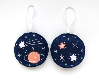 Embroidered Felt Ornament Set, Saturn and Stars, Holiday Decoration