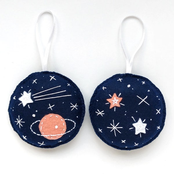 Embroidered dark blue felt ornament set with Saturn and stars, Christmas tree ornaments, holiday decoration