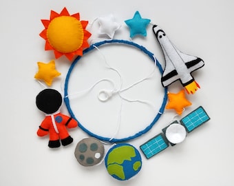 Felt Space Baby Mobile: Astronaut, Shuttle, Planets, Handmade Nursery Decor