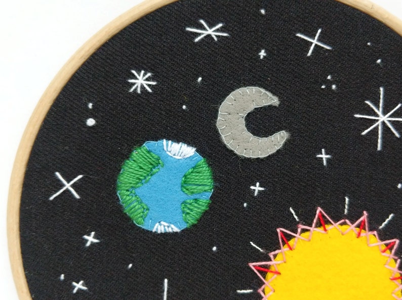 Earth Space #9 embroidery hoop art with the Sun moon and stars