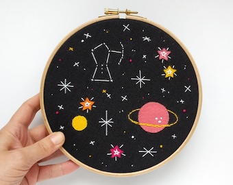 Night sky #13 embroidery hoop art with planets, and the Orion constellation