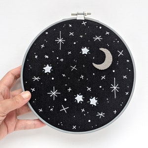 Night sky #21 embroidery hoop art with the crescent moon