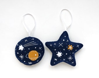 Embroidered dark blue felt ornament set with Saturn and stars, Christmas tree ornaments