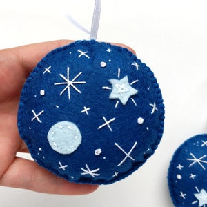 Embroidered blue felt ornament set with planet and stars, Christmas tree ornaments, holiday decoration image 6