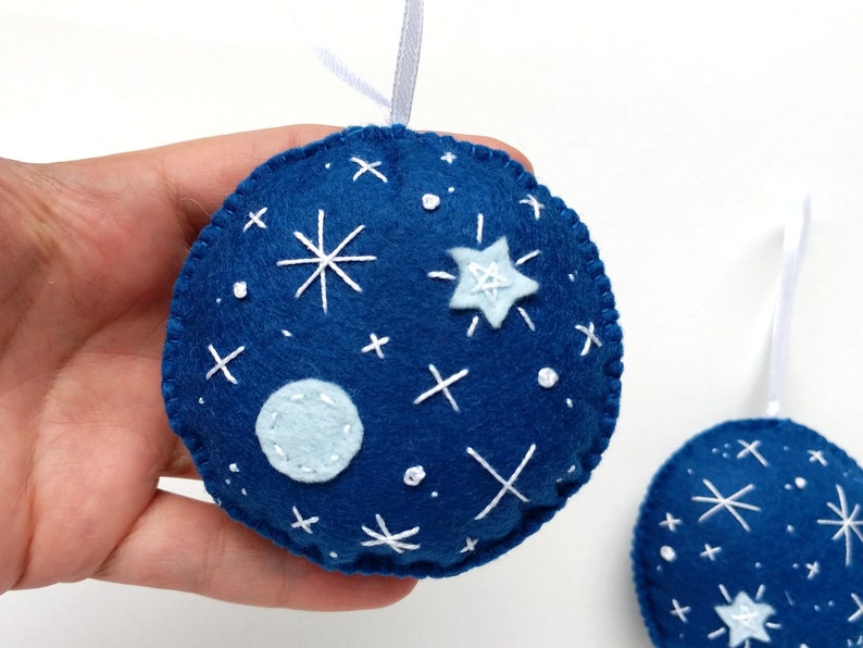 Embroidered blue felt ornament set with planet and stars, Christmas tree ornaments, holiday decoration image 6