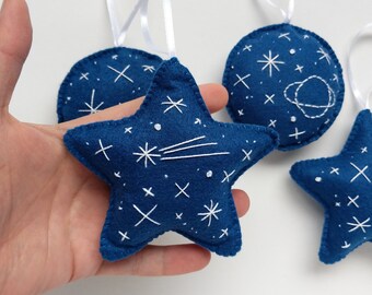 Embroidered Star Felt Ornaments, Set of 4, Handmade Holiday Decoration