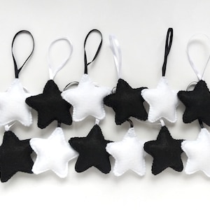 Black and white felt star ornaments, Christmas tree ornaments, set of 12, party favors