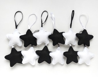 Black and white felt star ornaments, Christmas tree ornaments, set of 12, party favors