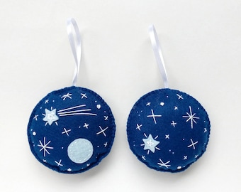 Embroidered blue felt ornament set with planet and stars, Christmas tree ornaments, holiday decoration